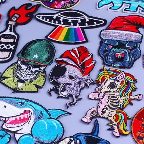 Unicorn Skull Patch Iron on Patches On Clothes Punk Rock Stripe Embroidered Patches For Clothes Bulldog Hippie Clothing Applique
