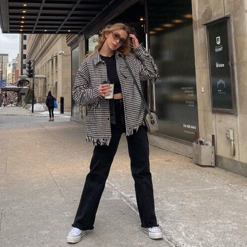 New Pop Women Jacket Houndstooth Overshirt Fringe detail Rough edge Chic Lady Vogue Casual Woman Coat Outfits Tops