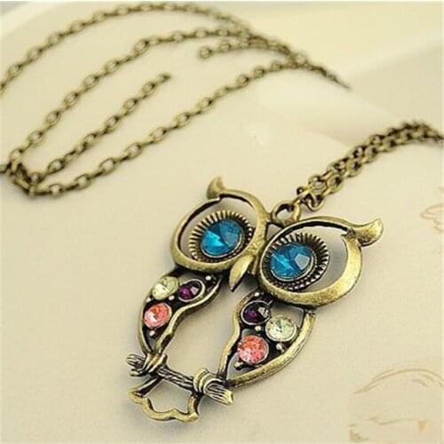 RONGQING 12Pcs/lot Antique Bronze Rhinestone Owl Pendant Necklaces for Women Sweater Chain Necklace