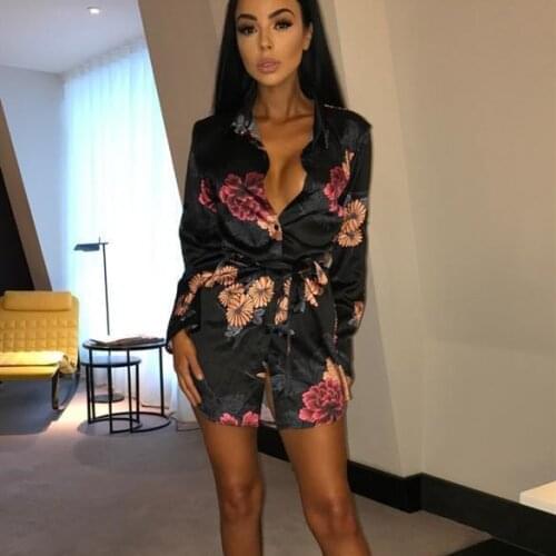 Sexy Women Silk Satin Shirt Dress Ladies Print Floral Long Sleeve Loose Short Mini Dresses Beach Club Dress