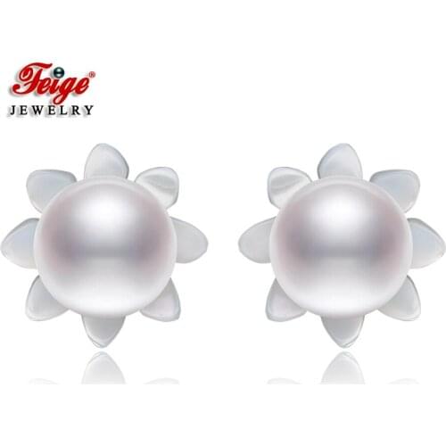 Cute Shell Flowers 925 Sterling Silver 3 Colors Natural Cultured Pearl Stud Earrings for Girls Fashion Jewelry FEIGE