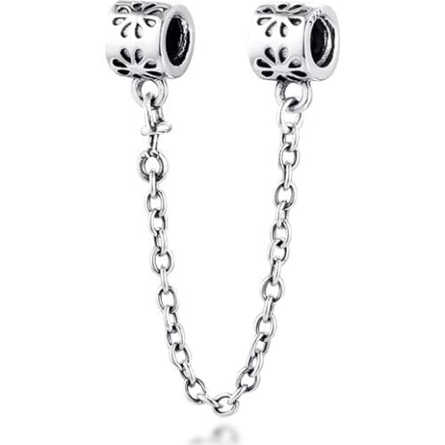 Charms 925 Silver Original Fit Pandora Bracelets Sterling Silver Flower Pattern Safety Chain Charm Beads for Women diy Jewelry