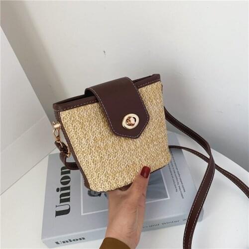 Handmade Straw Bag Ladies Bohemian Small Beach Crossbody Bag For Women PU Leather Patchwork Fashion Casual Shoulder Bag