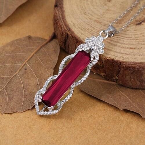 Vintage Jewelry With Exaggeration Red Big Zircon S925 Silvery Geometric Flower Pendant Necklace For Women Wedding Anniversary