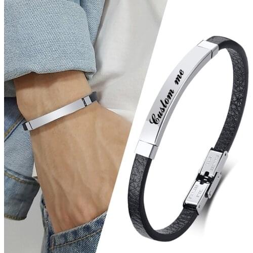 Custom Thin Mens Leather Bracelet Stainless Steel Bar Engraved Name ID Tags Classic Style DIY Size