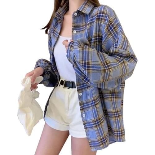 Plaid Shirts Women Lantern Sleeve Cardigan Vintage Top Pink Purple Checkered Blouse Fashion Button Up Oversize 2021 New LU1892