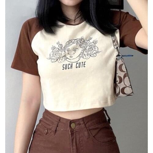 Women’s Summer Short Sleeve T-shirt Fashion Abstract Figures Printed Loose Exposed Navel Tops