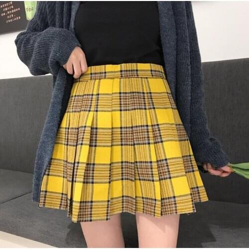 New Women Fashion Street Style Big Size High-Waisted Yellow Chequered A-shaped pleated Charming Fashion Short Skirt XS-5XL