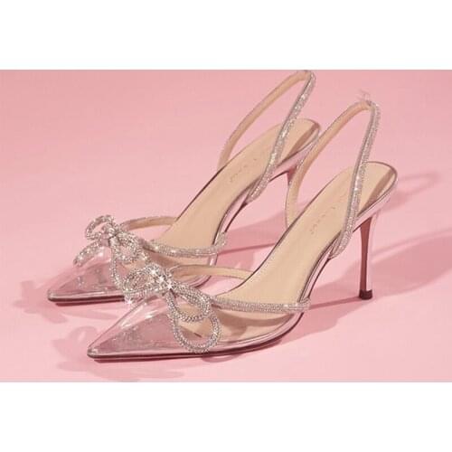 Hot Product Butterfly Rhinestone Clear Crystal High-Heeled Shoes Lady Slip On Pointed Toe Ankle Strap Sandal Woman 2021 Summer