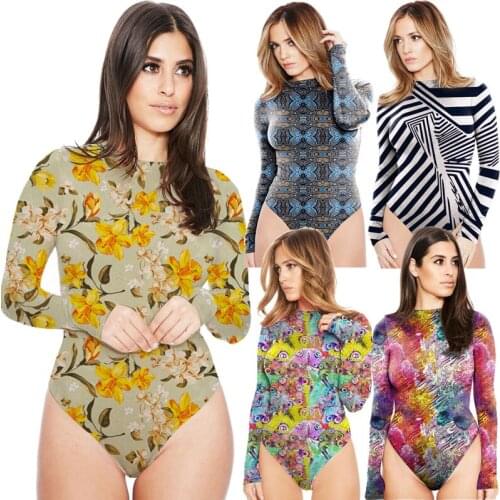 Jessie Vinson Fashion Women Long Sleeve Printing Bandage Jumpsuit Night Club Skinny Bodysuit Adult Romper for Autumn and Winter