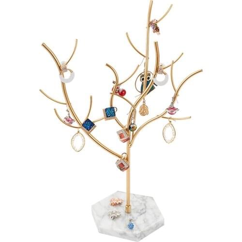 Golden Metal Tree Shaped Jewelry Display Stand with Marble Base Earring Ear Studs Storage Rack Desktop Decor Ornaments Crafts