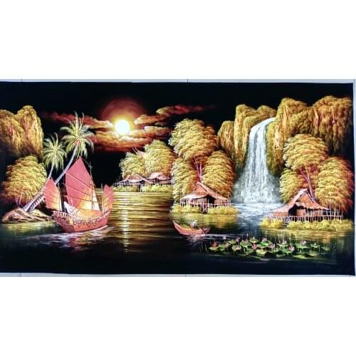 100%Hand Painted Oil Painting on Flannelette Abstract Boat River Landscape Canvas Painting Wall Art Picture for Home Decor