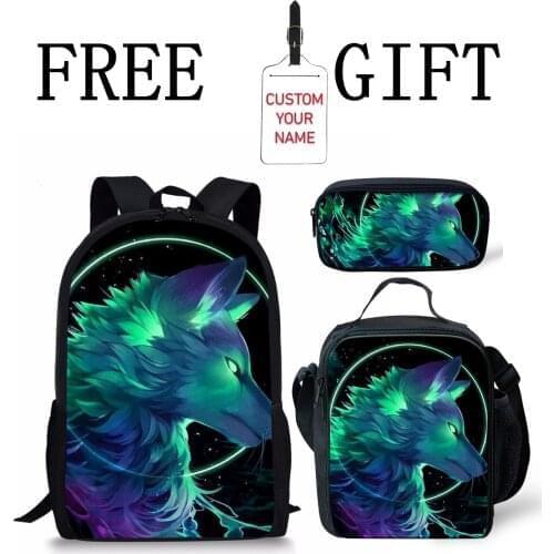3D Fashion Wolf Print School Backpack For Boys Children Backpack 3 Pcs Pencil Bag Lunch Box Case Student Teen Mochila Infantil