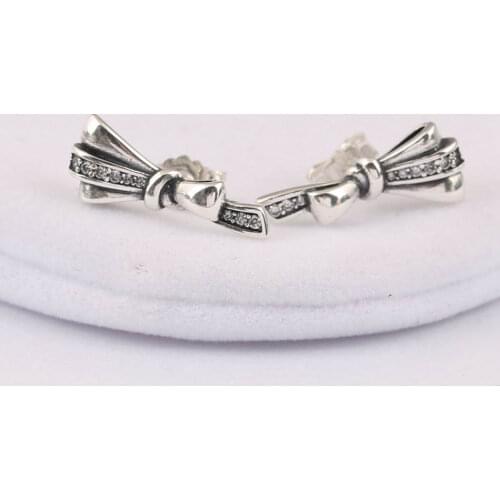 Authentic S925 Bow-knot With Crystal Stud Earrings For Women Wedding Party fit Lady Fine Jewelry