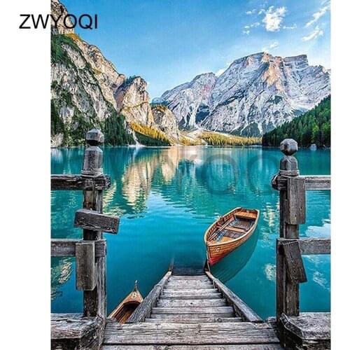 DIY Diamond embroidery Full Square Diamond mosaic mountain boat lake Full Round Diamond painting Cross stitch mountain boat lake