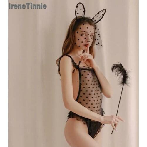 Irene Tinnie Women Transparent Lace Lingerie Set Lovely Sleep Wear Sexy Cute Sleepwear Lolita Erotic Bunny