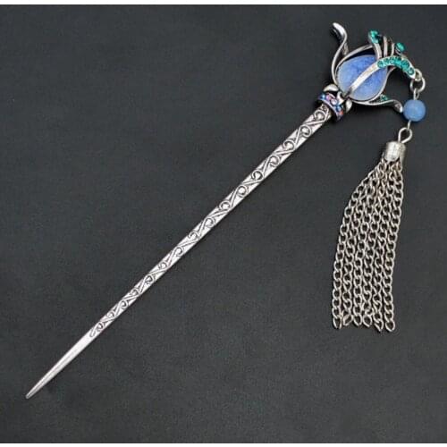 Chinese Traditional Vintage color Tassel Hairpin Fashion Ethnic Tribal Rhinestone Peacock Headwear Women Hair Sticks Jewelry