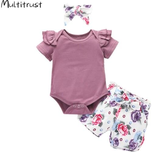 3PCS Infant Toddler Baby Girl Clothes Ruffle Romper Bodysuit Floral Halen Pants Headband Outfits