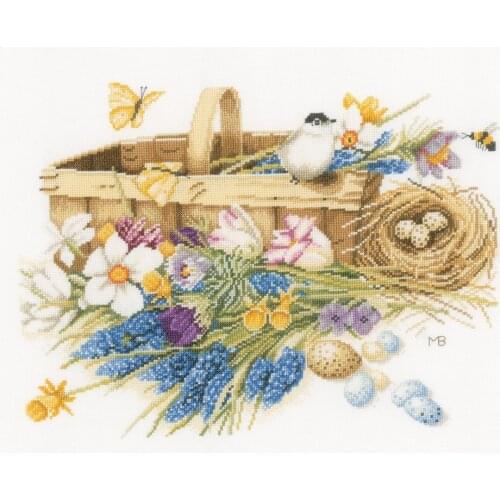 14/16/18/27/28 Top Quality Lovely Cute Counted Cross Stitch Kit Spring Flowers Basket Trug and Bird Nest Egg 0155028