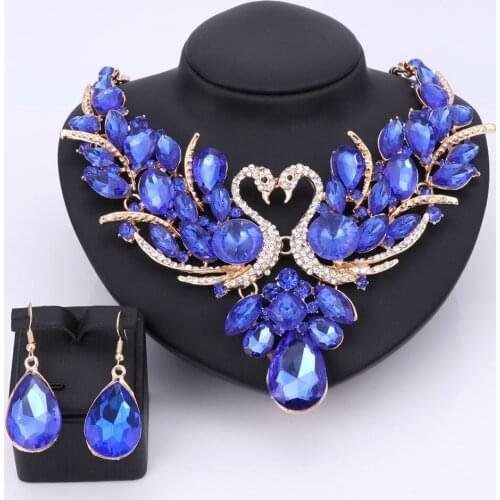 Beautiful Blue Crystal Swan Bridal Jewelry Set Gold Color Jewellery Party Wedding Necklace Earring Accessories Bride Women Gift