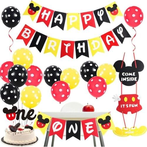 Mickey mouse party baby 1st birthday Banner Party 8 People Disposable Plate Napkin Cake Toppers For Kids Favor Flag Decor Gift