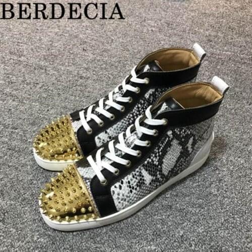 2021 Snakeskin Pattern Mixed Color Leather Vulcanized shoes Spring Gold Rivet High Top Lace-Up Outside Running Chaussures Male