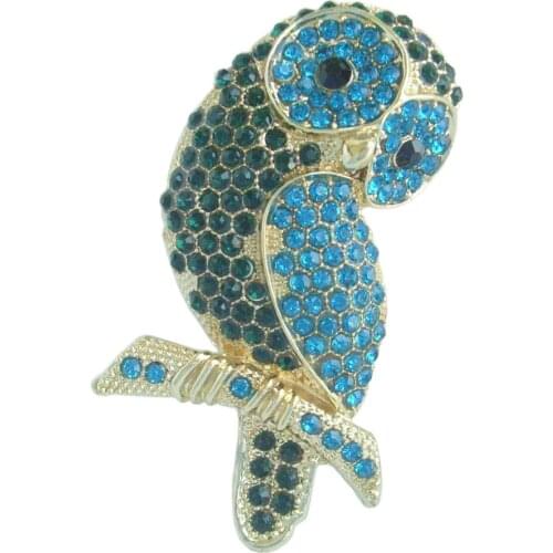 Charming Bird Owl Brooch Pin w Blue Green Cyan & Green Rhinestone Crystals EE04902C3