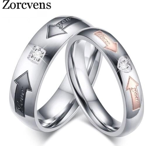 Modyle Black and Rose Gold Color Couple Ring Quality Stainless Steel CZ Stone Heart Wedding Ring For Women Men