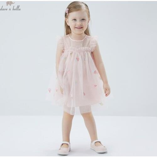 DBJ17247 dave bella summer baby girls cute embroidery mesh dress children fashion party dress kids infant lolita clothes