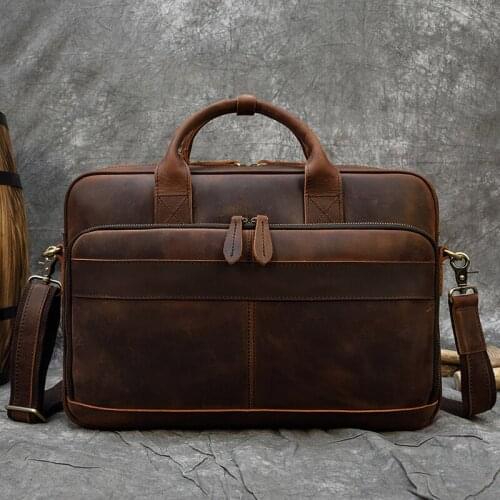 Mens leather briefcase retro handbag high-quality leather shoulder messenger bag computer bag commuter bag