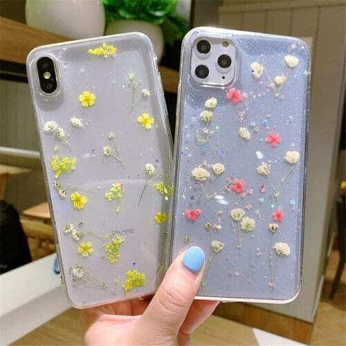 Real Dry Flower Glitter Clear Case For iPhone 7 8 Plus 6 6s Epoxy Star Transparent Case For iPhone 11 Pro X XR XS MAX Soft Cover