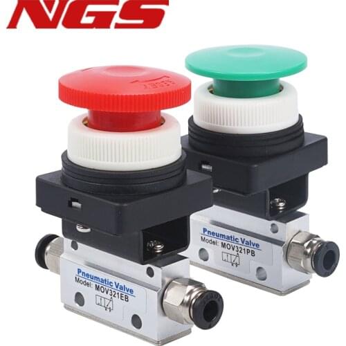 1pcs MOV-321EB MOV-321PB 1/8" PT Thread Three Way Two Position Red Mushroomhead Pneumatic Valve w Fittings