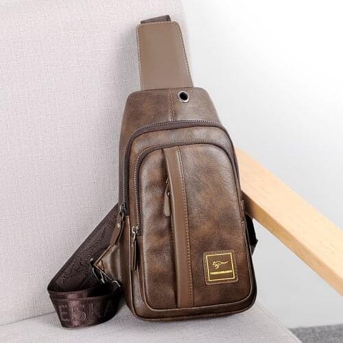 2021 Kangaroo Luxury Brand Chest Pack Men Crossbody Bag Leather Chest Bag USB Charging Travel Sling Bag Black Messenger Bag Male