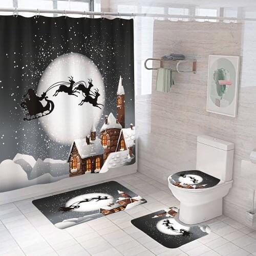 Merry Christmas Bathroom Curtains Sets Santa Claus Sends Gifts Shower Curtain Set Bath Mats Rugs Toilet Seat Cover Bath Mat