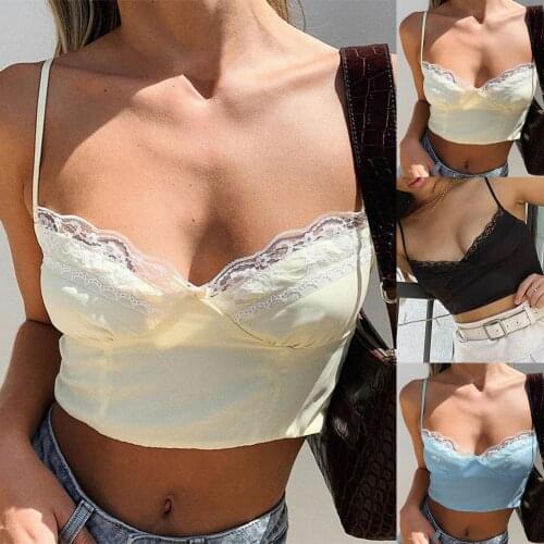 Sexy Women Backless Sleeveless V Neck Lace Trim Crop Top Mini Vest Camisole