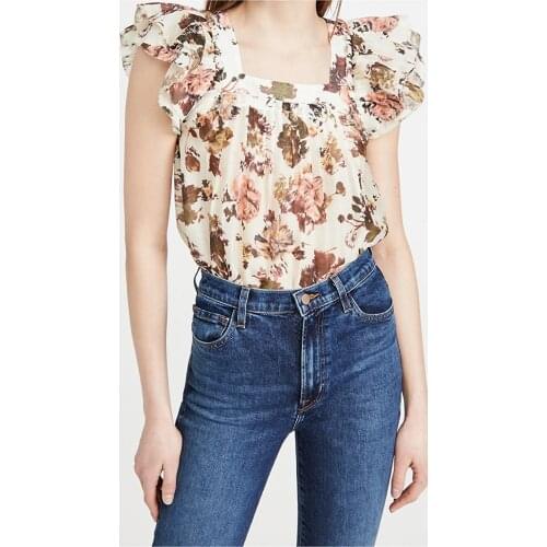 Ull* Johnso* 21 spring silk cotton printed raffles butterfly sleeve loose o-neck top shirt