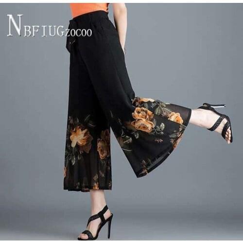 Chiffon Flower Printed Wide Leg Women Pants 2020 New High Waist Casual Ankle Length Female Trousers