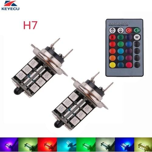 KEYECU 2 Pieces H7 12V 27-SMD 5050 Multi-Color RGB LED Replacement Bulbs For Fog Lights or Driving Lights with Remote