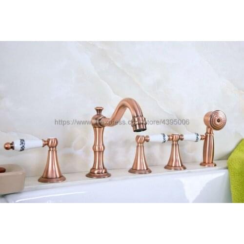 Bathtub Faucet Widespread Tub Sink Mixer Taps Red Copper Brass Bathroom Bath Shower Faucet with Handshower Btf213