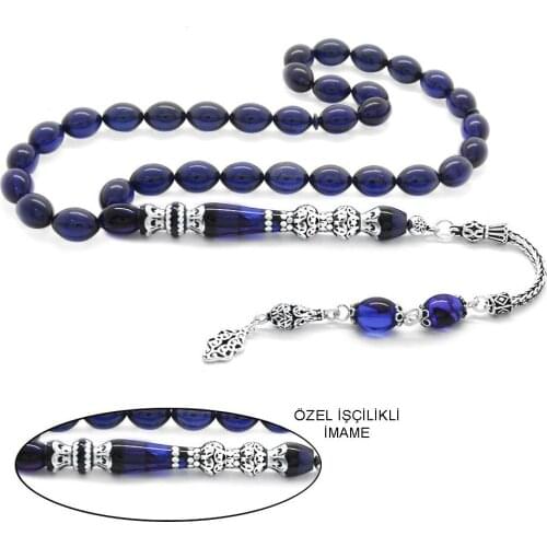 Tesbihane 925 Sterling Silver Tassels Silver Double Balconied Nakkaş İmameli Dark Blue Crimping Amber Prayer Beads