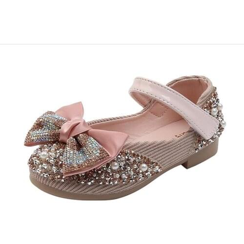 Girls Leather Shoes Casual colored diamond bow Shoes round-Toe Soft-Sole Big girls Low-heeled Princess Crystal Shoes sandals