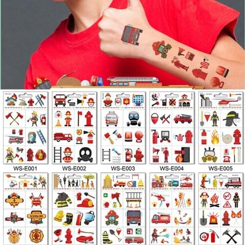 10 Kinds Cartoon Firefighters Tattoo Childrens Cognitive Stickers Temporary Disposable Tatouage Temporaire