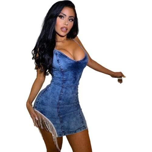 Plus Size Women Clothing 2021 Sexy Spaghetti Strap Tassels Sequins Bodycon Jeans Dress Summer Cotton Denim Party Club Dress Ddlg