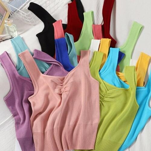 OUMEA Women Knitting Tank Tops Ruched Front Skinny Cropped Tank Rib Tops V Neck Sleeveless Candy Color Going Out Sweet Tops