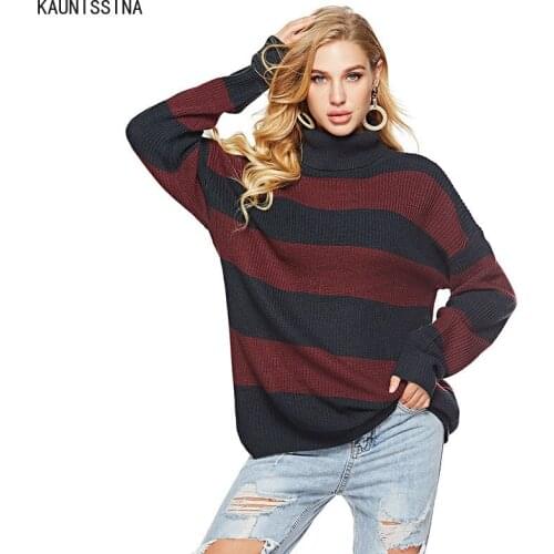 Women Casual Stripe Knitted Sweater Loose Color Contrast Turtleneck Pullover Street Style Womens Pullover Sweater Autumn Winter