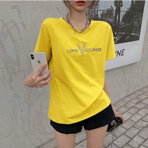 Casual Loose Oversize Korean Style 2021 Letter Embroidery Summer Short Sleeve Women Top Female T-Shirts Black White Yellow