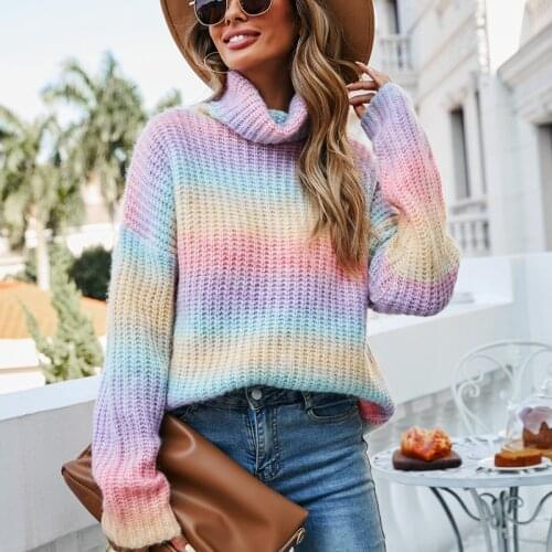 Autumn new rainbow knitted pullover turtleneck plus size sweater women pullovers 2021 winter womens vintage sweaters Fashion