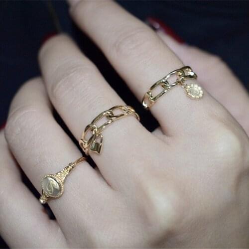 18K import Solid Yellow Gold Jewelry(AU750) Women Retro Ring Designer Chain Ring Overlap Modeling Urban Modern Fashion Lady