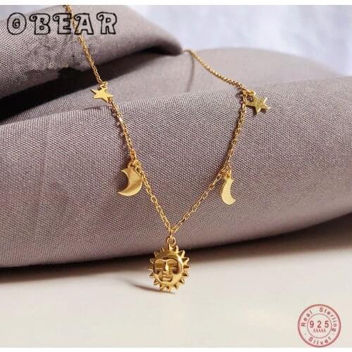 OBEAR 925 Sterling Silver Sun Moon Star Plating 14k Gold Clavicle Chain Necklace for Women Simple Jewelry