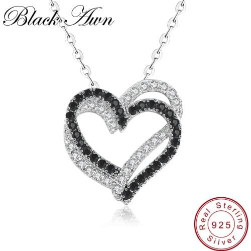 [BLACK AWN] Fine Genuine 100% 925 Sterling Silver Necklace Women Jewelry Heart Black&White Stone Pendants P107